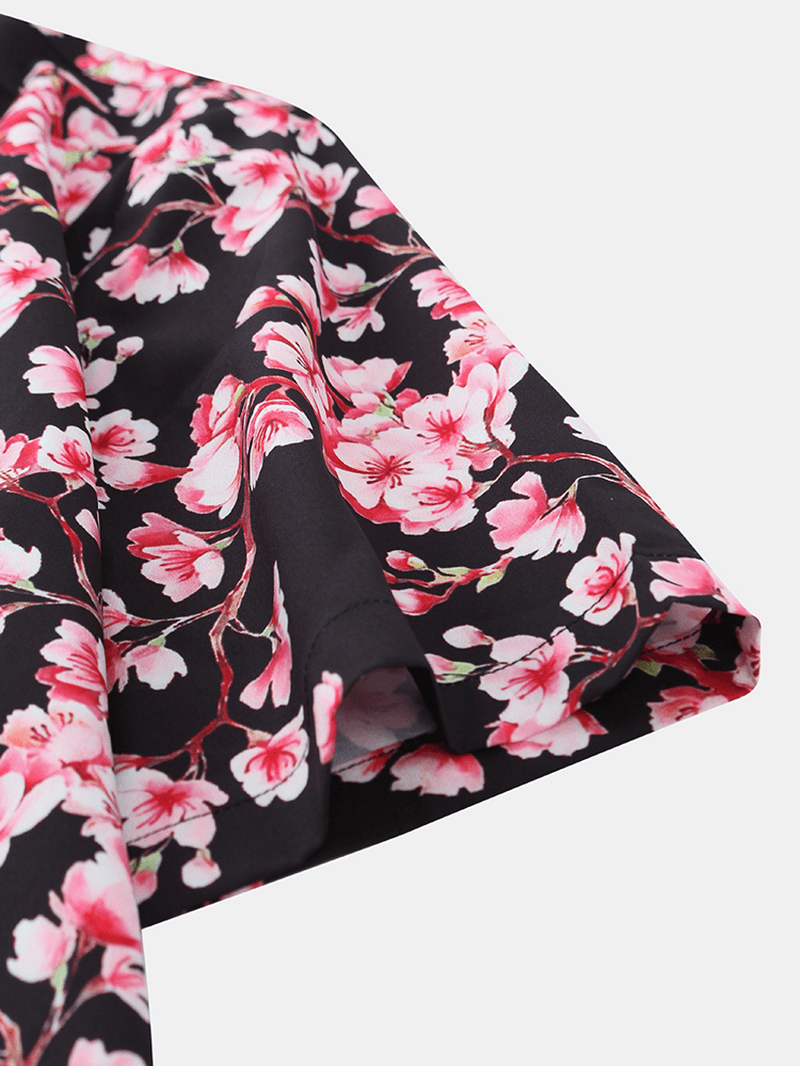 Mens Holiday Sakura Printing Short Sleeve Casual Shirts - MRSLM
