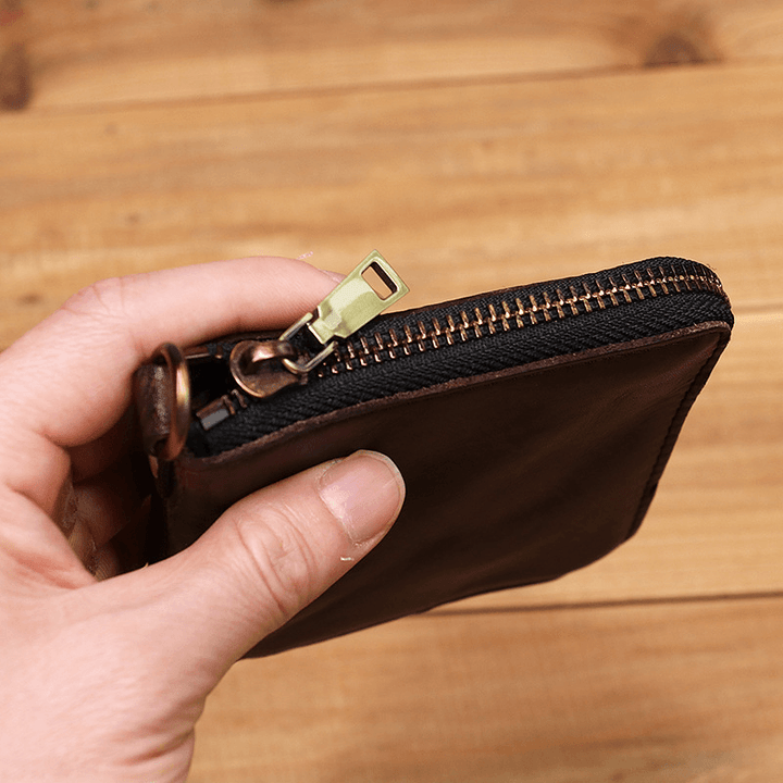 Men Genuine Leather Vintage Short Distressed Folds Zipper Card Holder Coin Purse Money Clip Wallet - MRSLM
