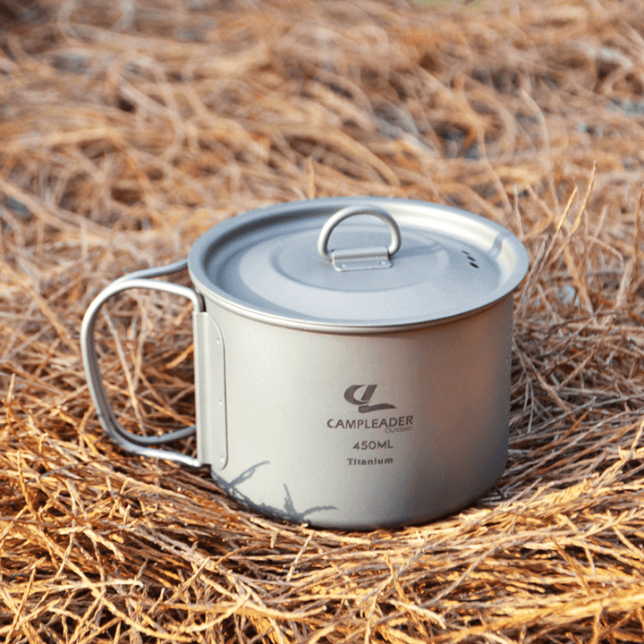 Campleader 450Ml Folding Pot Titanium Cup Portable Drinking Water Mug Outdoor Camping Picnic BBQ Tableware with Cup Lid - MRSLM