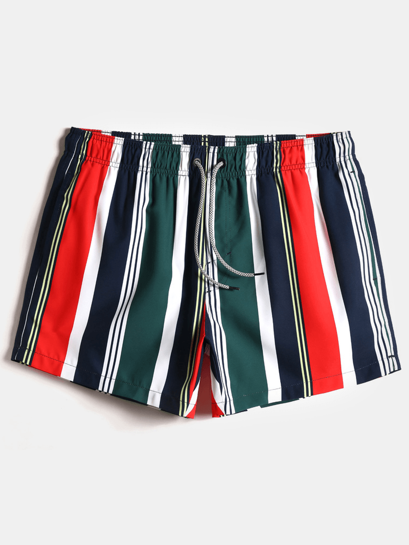 Mens Colorful Stripe Drawstring Pocket Quick Dry Holiday Board Shorts - MRSLM