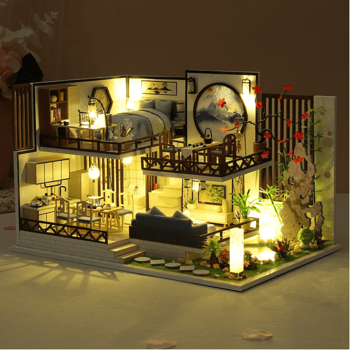 M-029 Chinese Style Wooden DIY Handmade Assemble Doll House Miniature Furniture Kit with LED Effect Toy for Kids Birthday Xmas Gift House Decoration - MRSLM