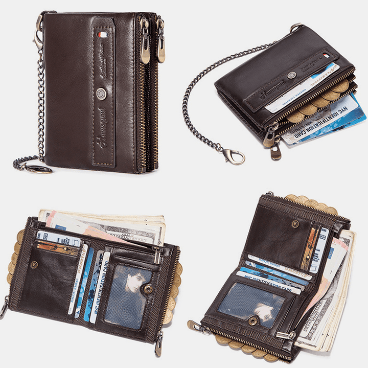 Men Genuine Leather Double Zipper Coin Purse RFID Anti-Magnetic 8 Card Slot Card Case Wallet - MRSLM