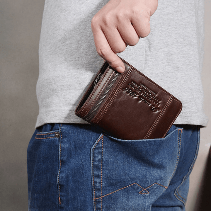 Men Genuine Leather RFID Blocking 20 Card Slots Bifold Wallet Purse Zipper Coin Bag - MRSLM