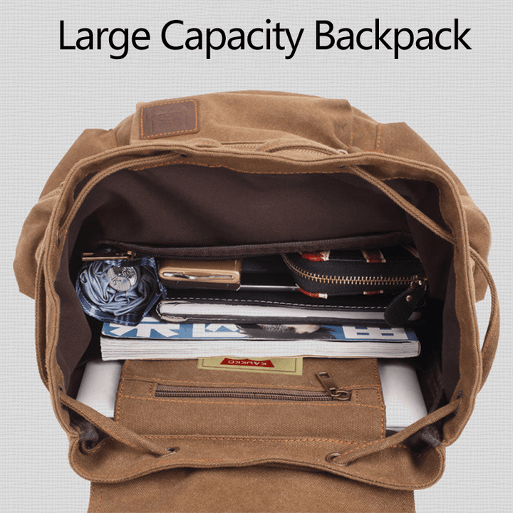 Men Canvas Retro Multifunction 14 Inch Laptop Bag Casual Large Capacity Drawstring Waterproof Backpack - MRSLM