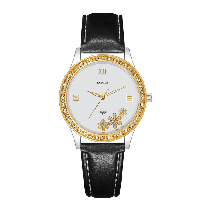 Yazole 557 Fashion Elegant Flower Rhinestone Decoration Dial Genuine Leather Strap 3ATM Waterproof Female Wristwatch Quartz Watch - MRSLM
