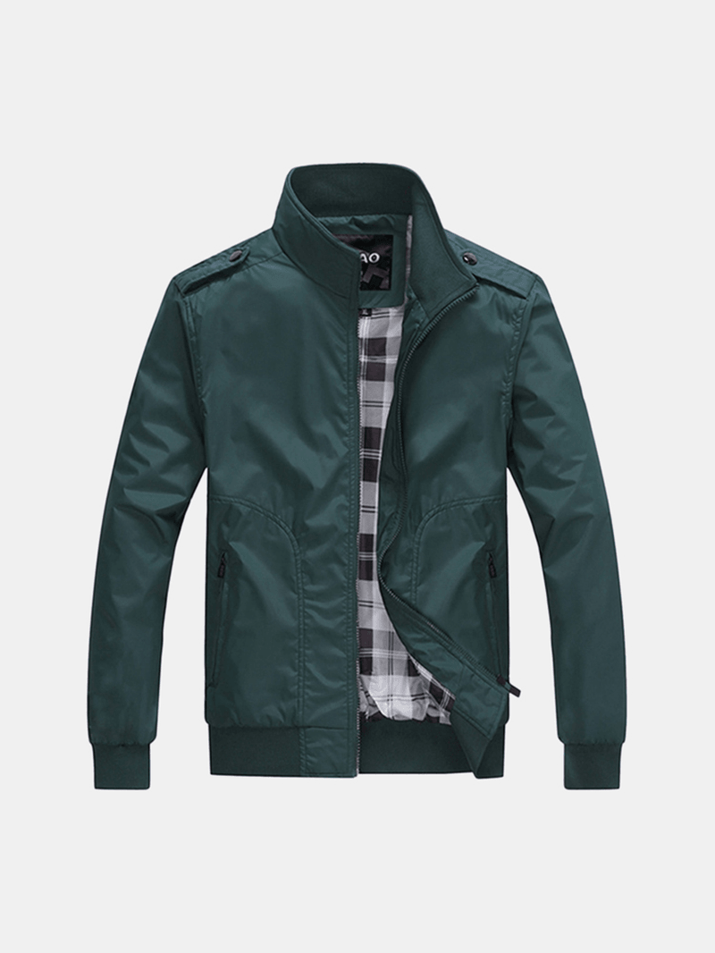Mens Casual Autumn Stand Collar Jacket Solid Color Nylon Zipper Pocket Coat - MRSLM
