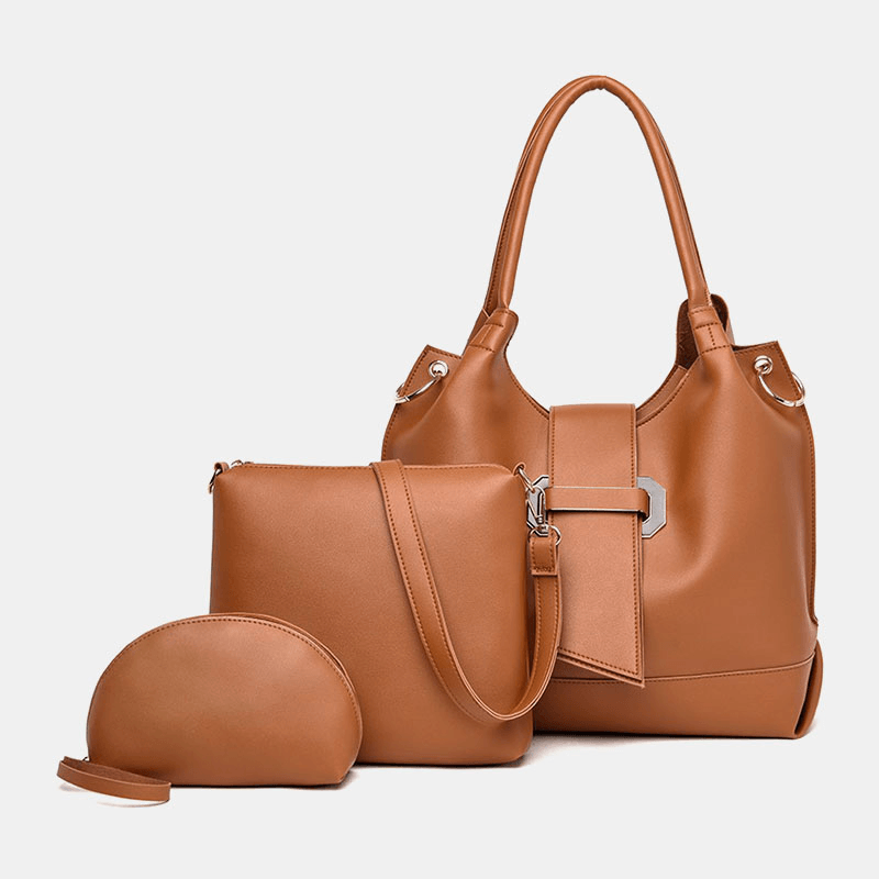 3 PCS PU Leather Vintage Solid Large Capacity Wallet Clutch Bag Phone Bag Handbag Crossbody Bag Shoulder Bag - MRSLM
