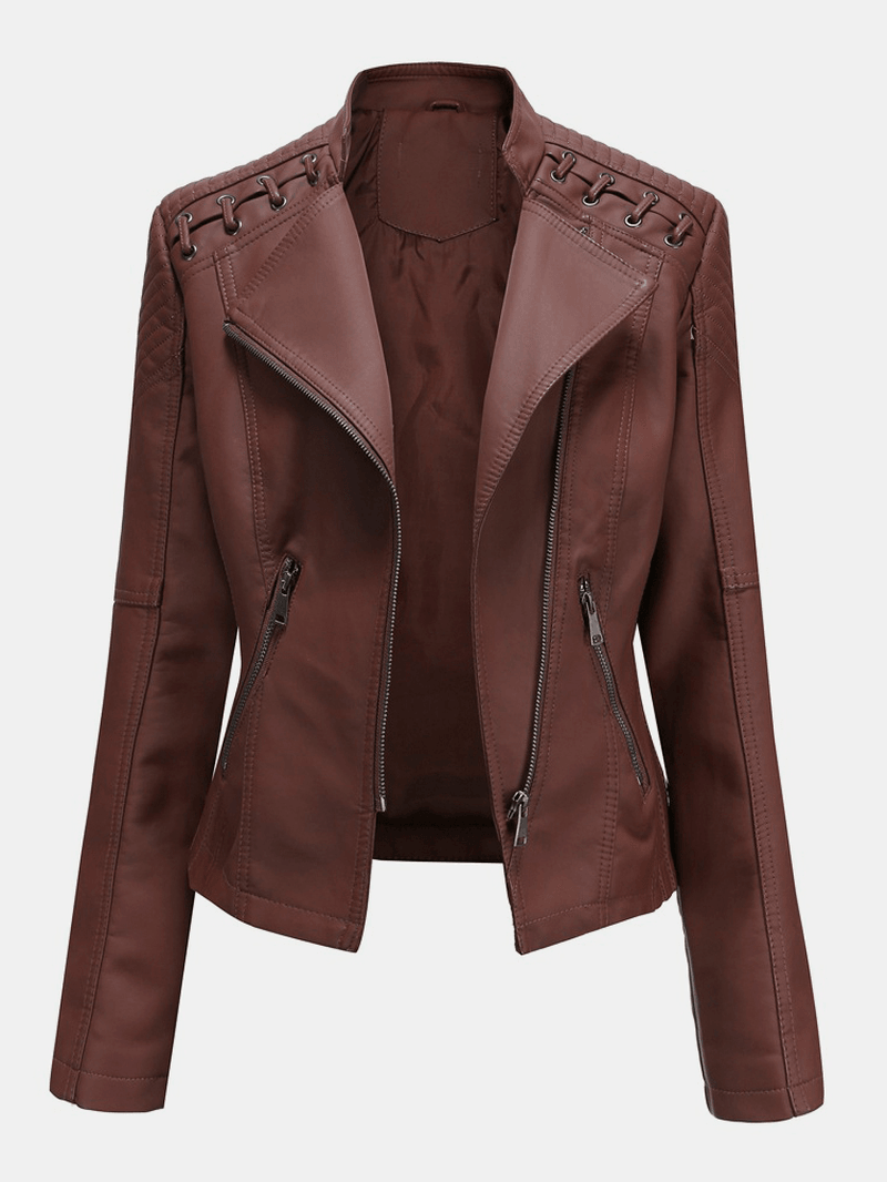 Women Faux PU Leather Solid Color Motorcycle Jacket - MRSLM