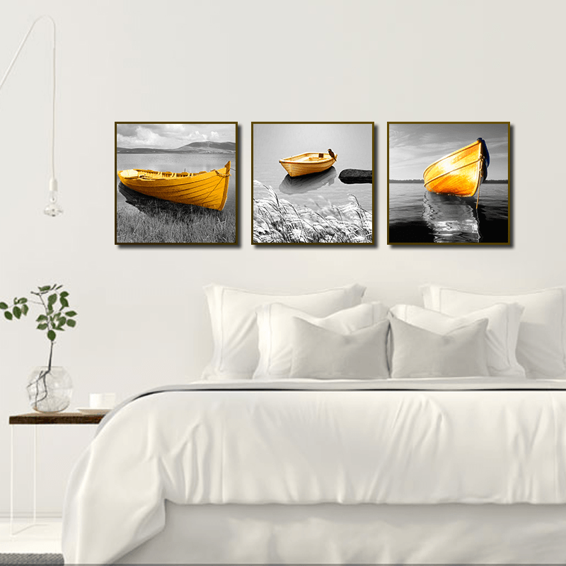 Miico Hand Painted Three Combination Decorative Paintings Yellow Boat Wall Art for Home Decoration - MRSLM