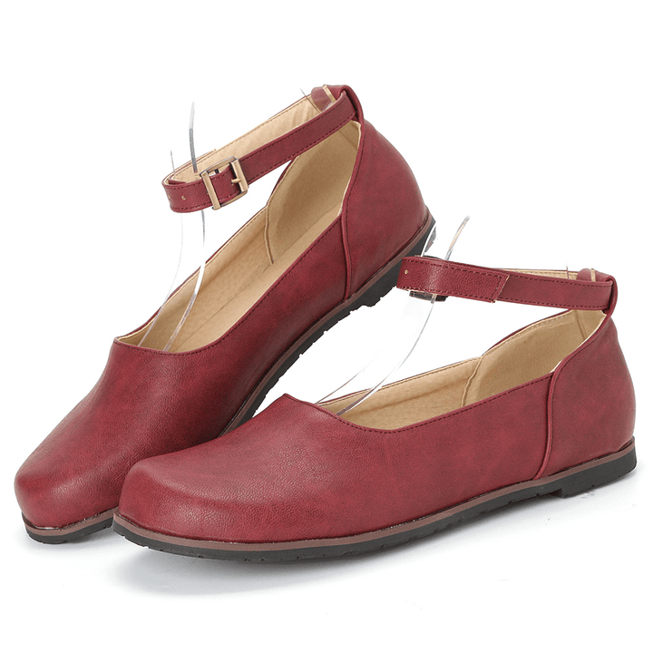 Women Solid Color Casual Ankle Buckle Strap Flat Loafers - MRSLM