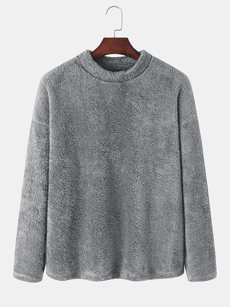 Mens Solid Color Plush Pullover round Neck Sweatshirts - MRSLM