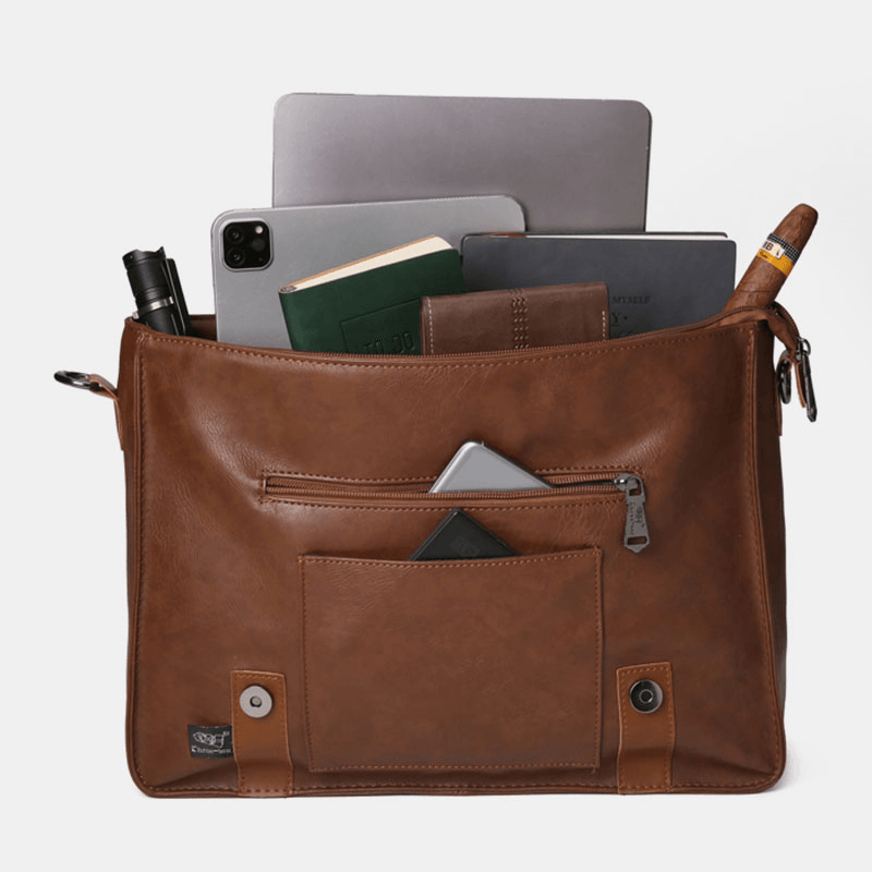 Men PU Leather Multifunction Multi-Pocket Teacher Bag Briefcase Crossbody Shoulder Bag - MRSLM