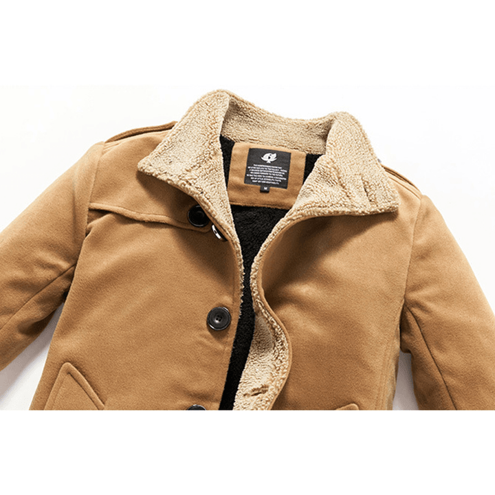 Mens Mid-Long Stand Collar Solid Color Epaulet Thick Fleece Single-Breasted Jacket Coats - MRSLM