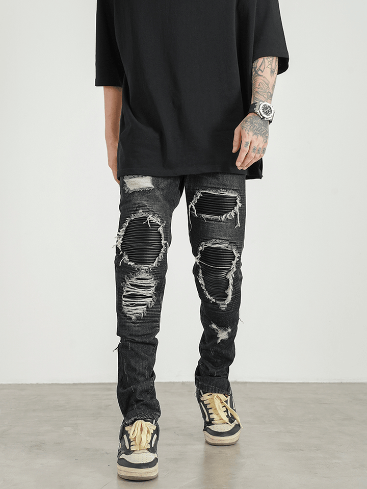 Men Ripped Patch PU and Leather Zipper Jeans - MRSLM