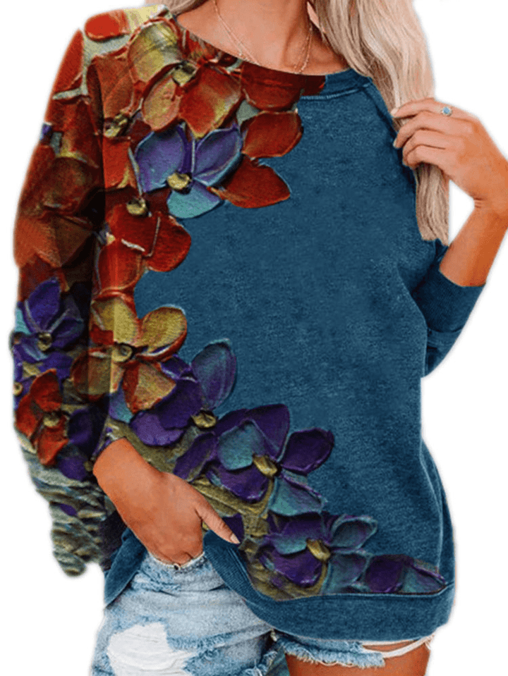 Women Colorful Flower Print Long Sleeves O-Neck Casual Sweatshirt - MRSLM