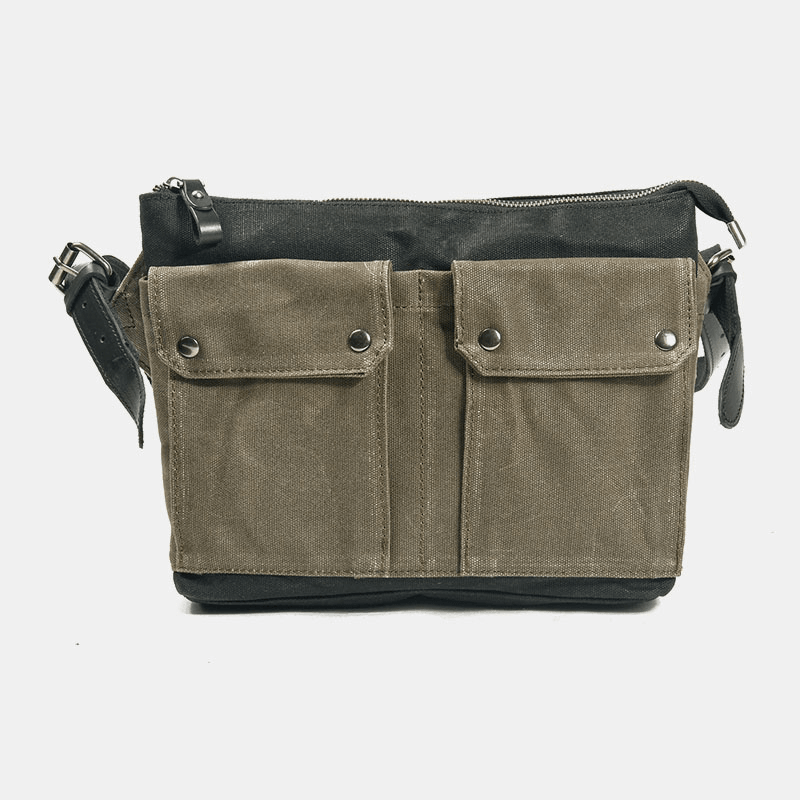 Men Casual Wear-Resistant Waterproof Canvas Briefcase Multi-Pocket Color Contrast Crossbody Shoulder Bag - MRSLM