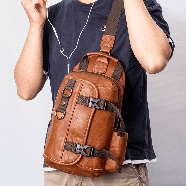 Men PU Leather Large Capacity Multifunction Headset Hole USB Charging Short Trip Sling Bags Crossbody Bag Chest Bag - MRSLM