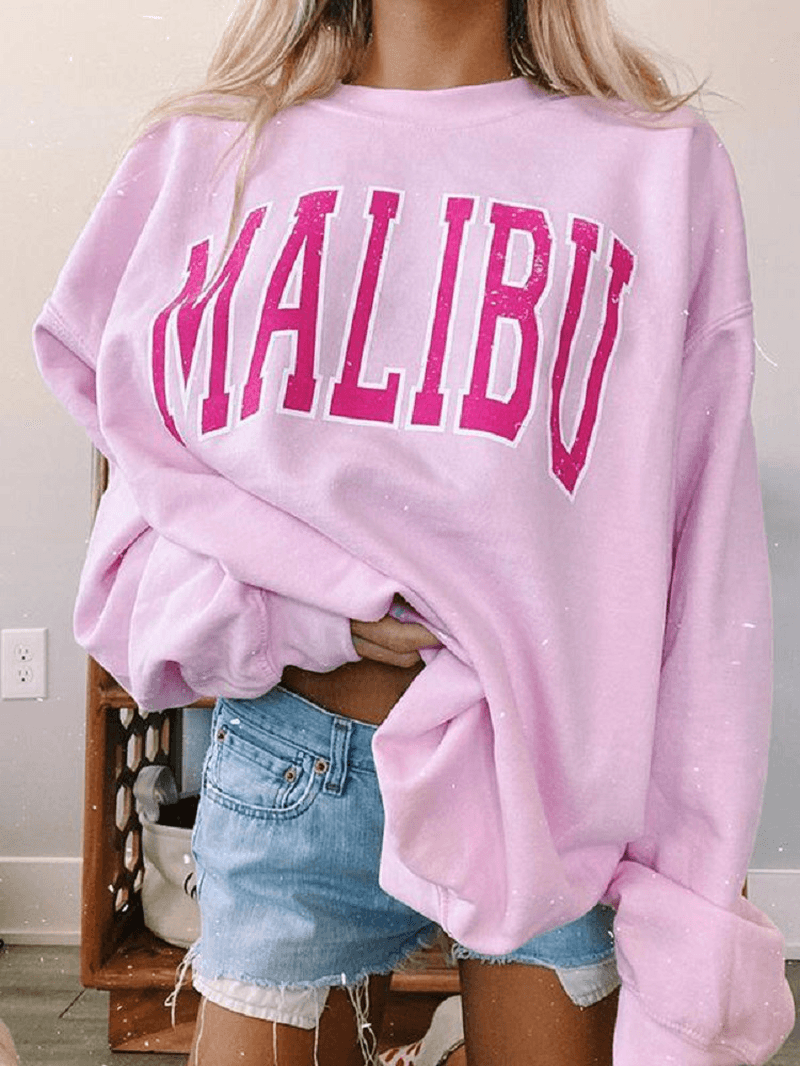 Women Letter Print Pink Pullover round Neck Sweatshirts - MRSLM