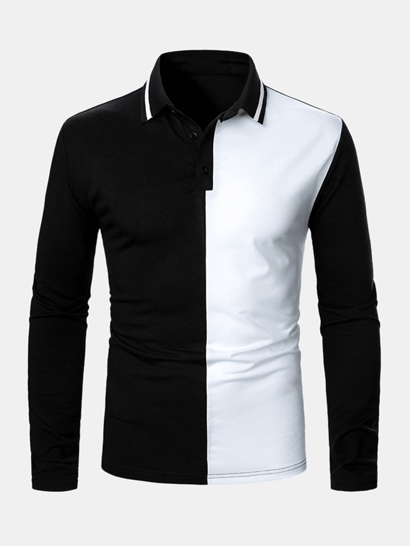 Mens Contrast Color Two Tone Patchwork Lapel Long Sleeve Golf Shirts - MRSLM