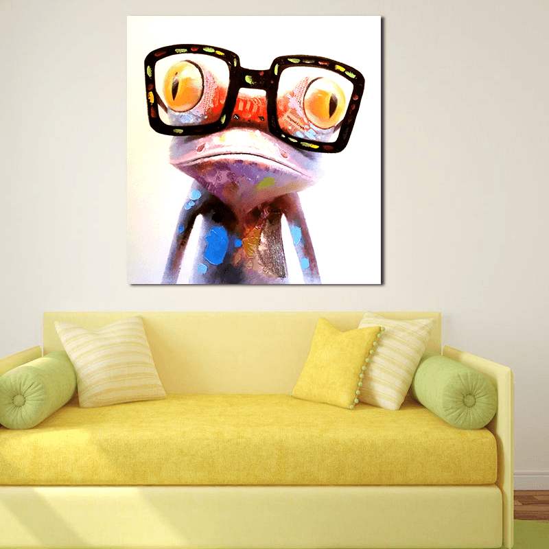 Miico Hand Painted Oil Paintings Animal Modern Art Happy Frog with Glasses on Canvas Wall Art for Home Decoration 20X20Cm - MRSLM