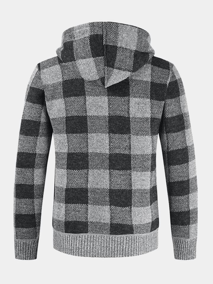 Mens Vintage Plaid Warm Zipper Warm Hooded Sweater Jacket - MRSLM