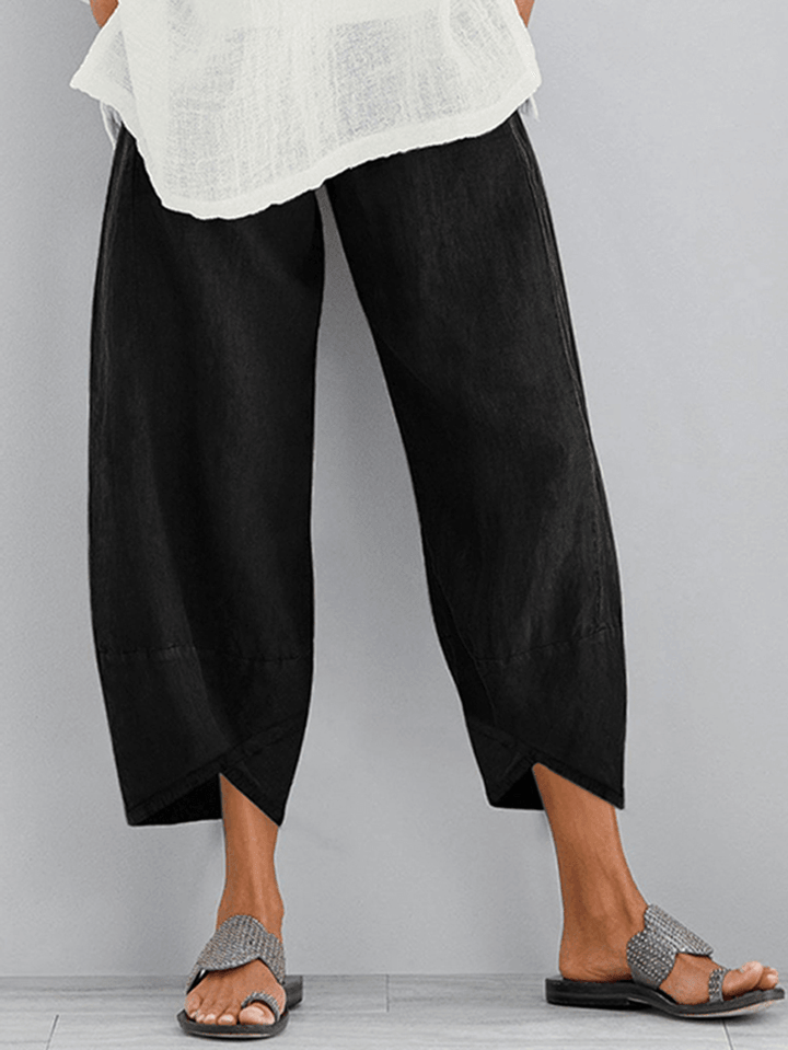 Women Solid Color Elastic Waist Loose Side Pocket Pants - MRSLM