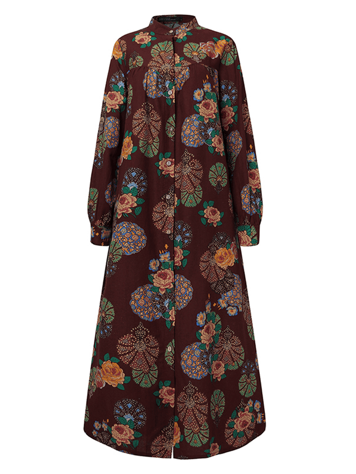 Women Retro Floral Print O-Neck Button Robe Shirt Maxi Dress with Pocket - MRSLM