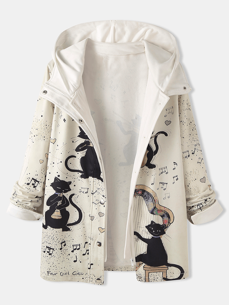 Women Cartoon Music Cat Print Zipper Front Long Sleeve Thick Hooded Coat - MRSLM