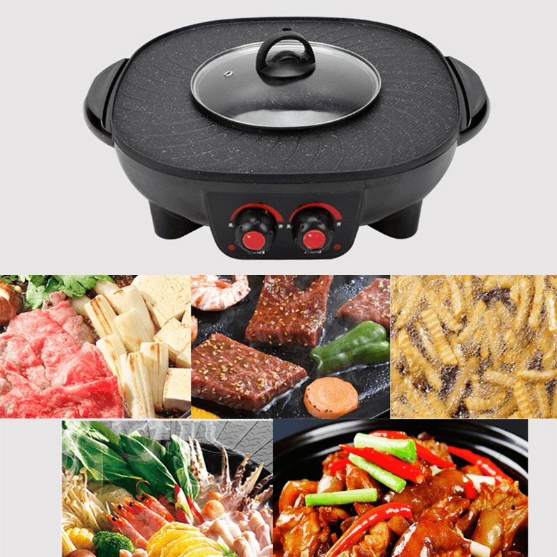 220V 2 in 1 Electric Smokeless Hotpot Oven Barbecue Pan Hot Pot BBQ Grill Machine - MRSLM