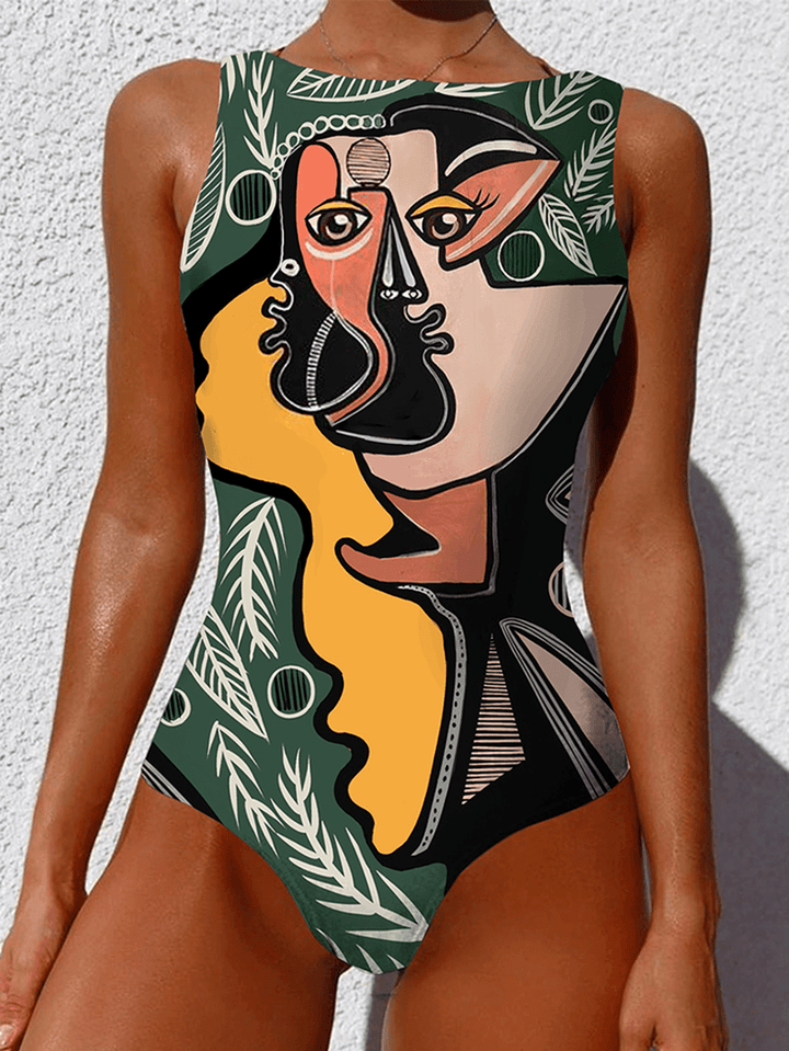Women Abstract Character Pattern Print Backless Sleeveless One-Piece Swimwear - MRSLM
