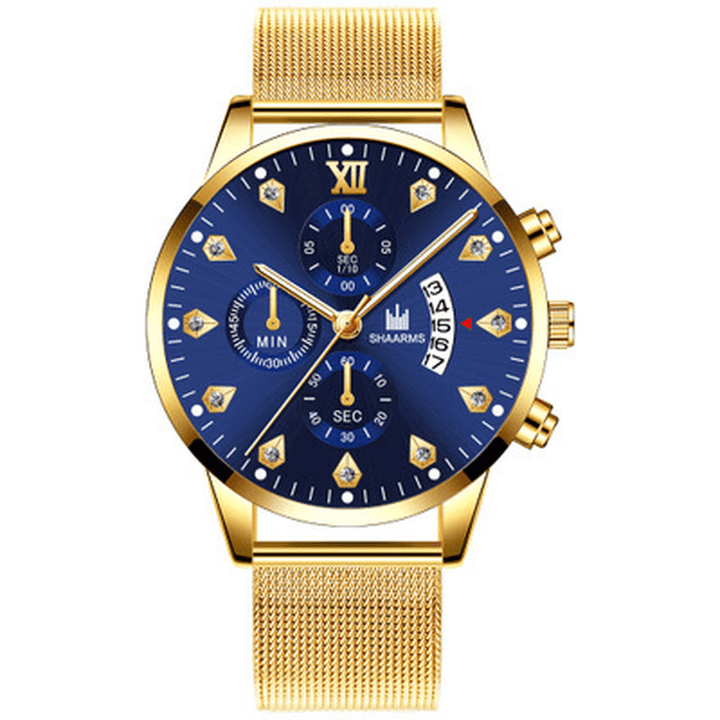 Khorasan Fashion Business Decorated Pointer with Calendar Dial Alloy Mesh Band Men Quartz Watch Wristband - MRSLM