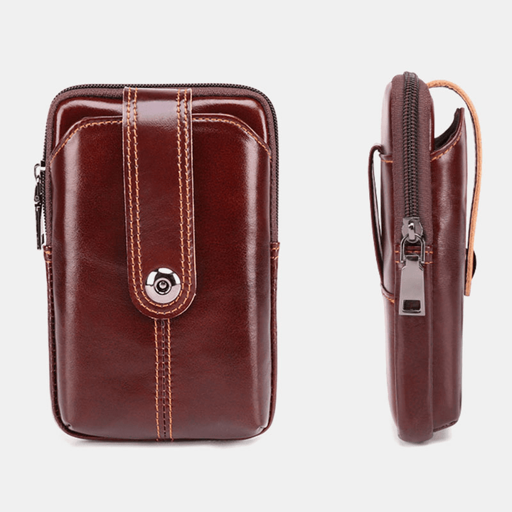Men Genuine Leather Retro Large Capacity Waist Bag 6.5 Inch Phone Bag Belt Bag - MRSLM