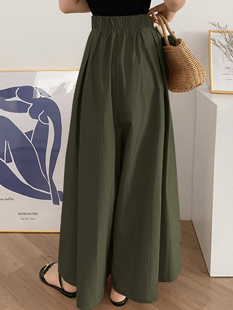 Women Drawstring Waist Loose Solid Color Casual Wide Leg Pants with Pocket - MRSLM