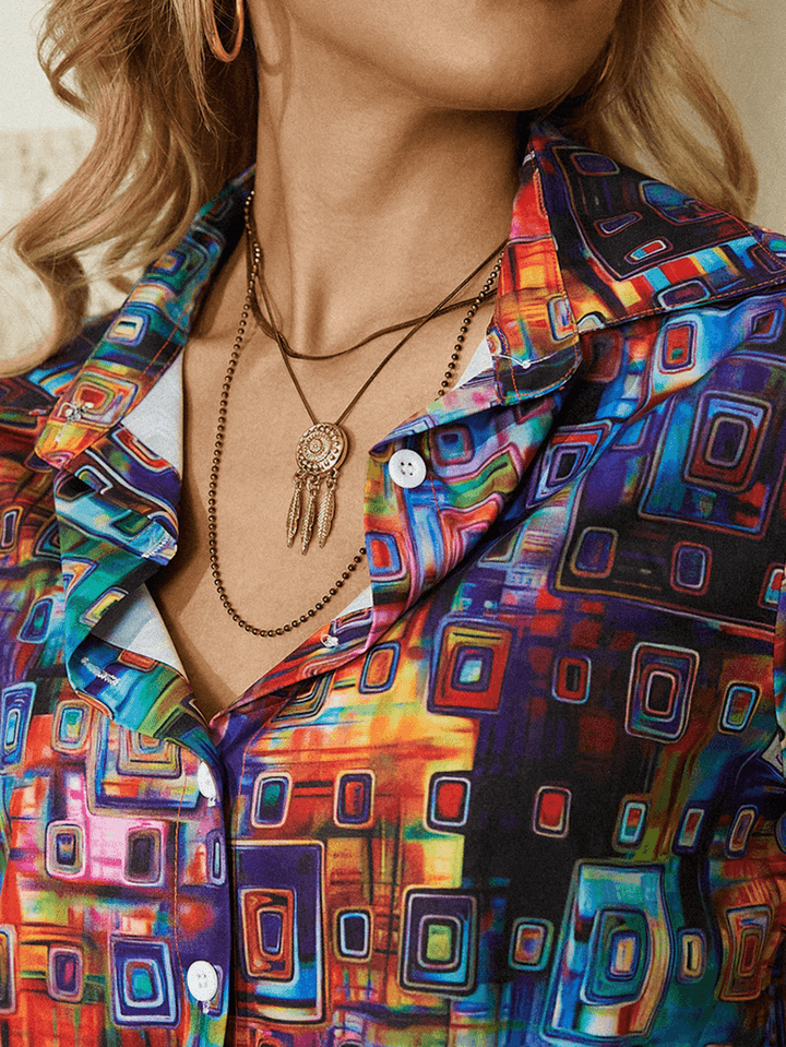 Women Colorful Geometric Printed Button Lapel Long Sleeve Shirt - MRSLM