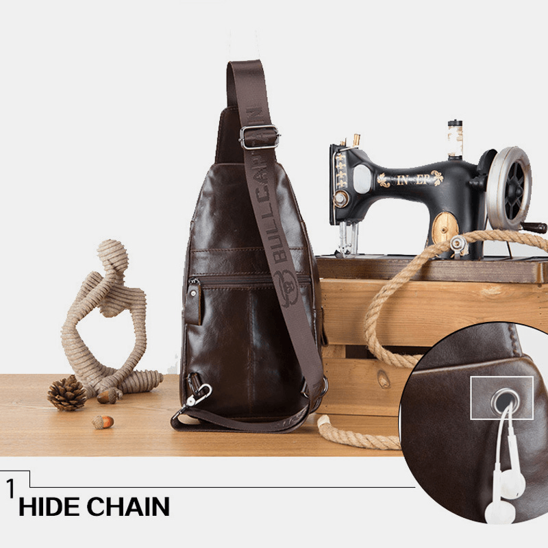 BULLCAPTIAN Men Multi-Pocket Soft Leather Chest Bag Vintage Mobile Phone Holder Chain Crossbody Shoulder Bag - MRSLM
