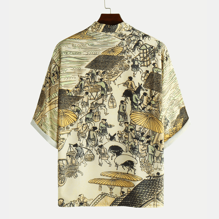 Men's Ethnic Style Half Sleeve Open Casual Shirts with Character Prints - MRSLM