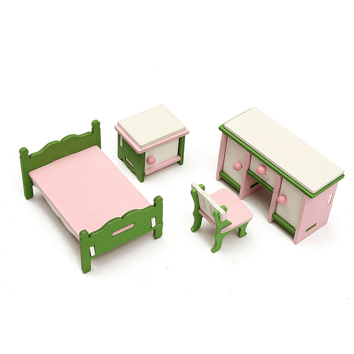 Dollhouse Miniature Bedroom Kit Wooden Furniture Set Families Role Play Toy - MRSLM