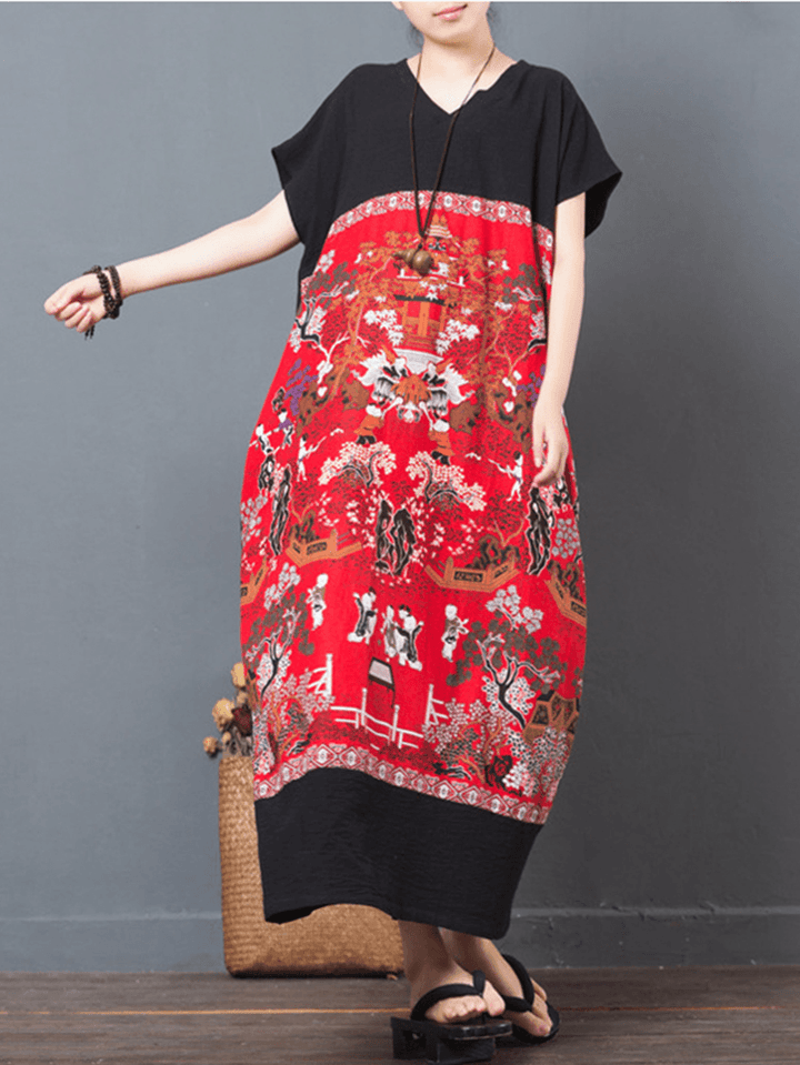 Folk Style Print Patchwork Maxi Dresses - MRSLM