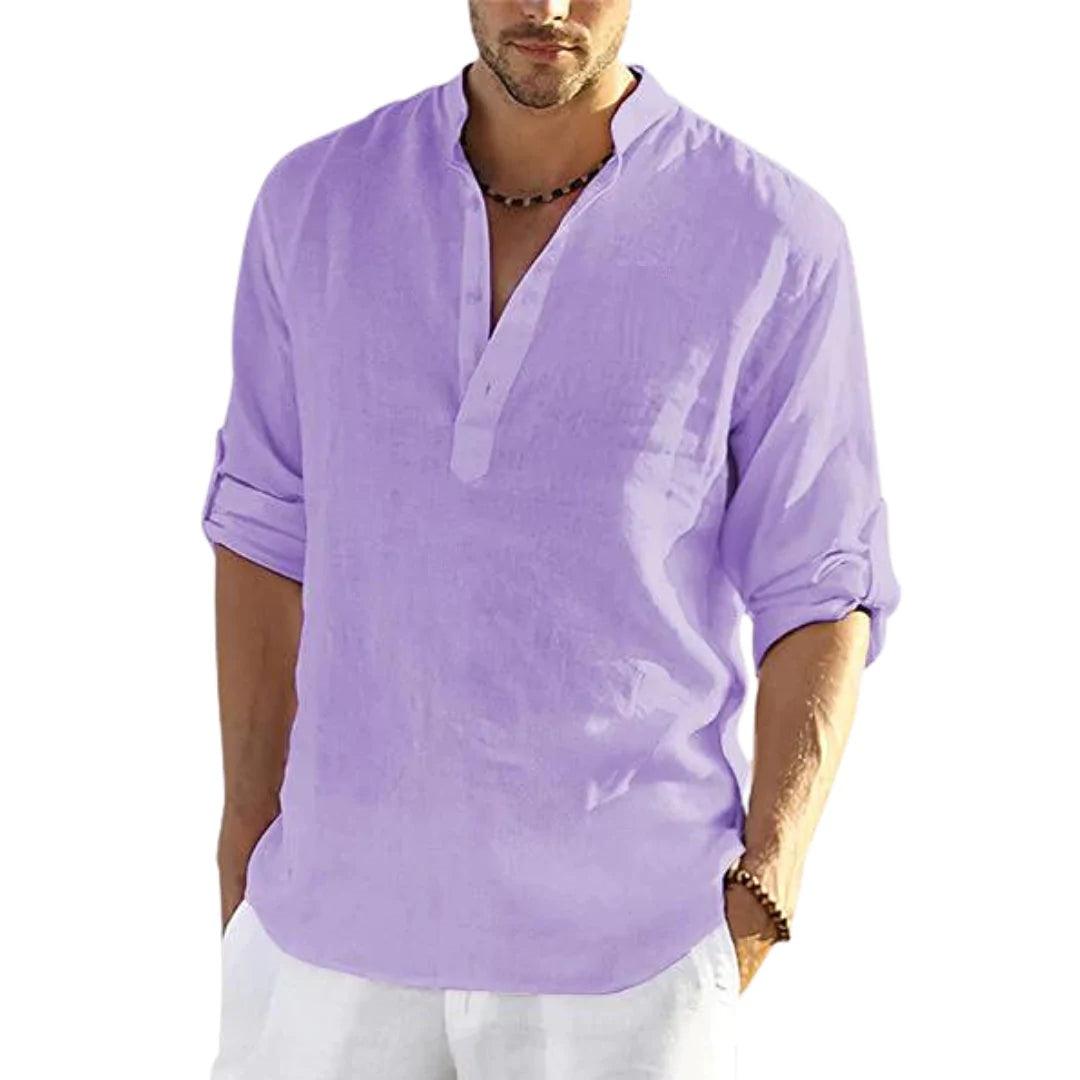 Men's Casual Cotton Linen Solid Color Long Sleeve Shirt Loose Stand Collar - MRSLM