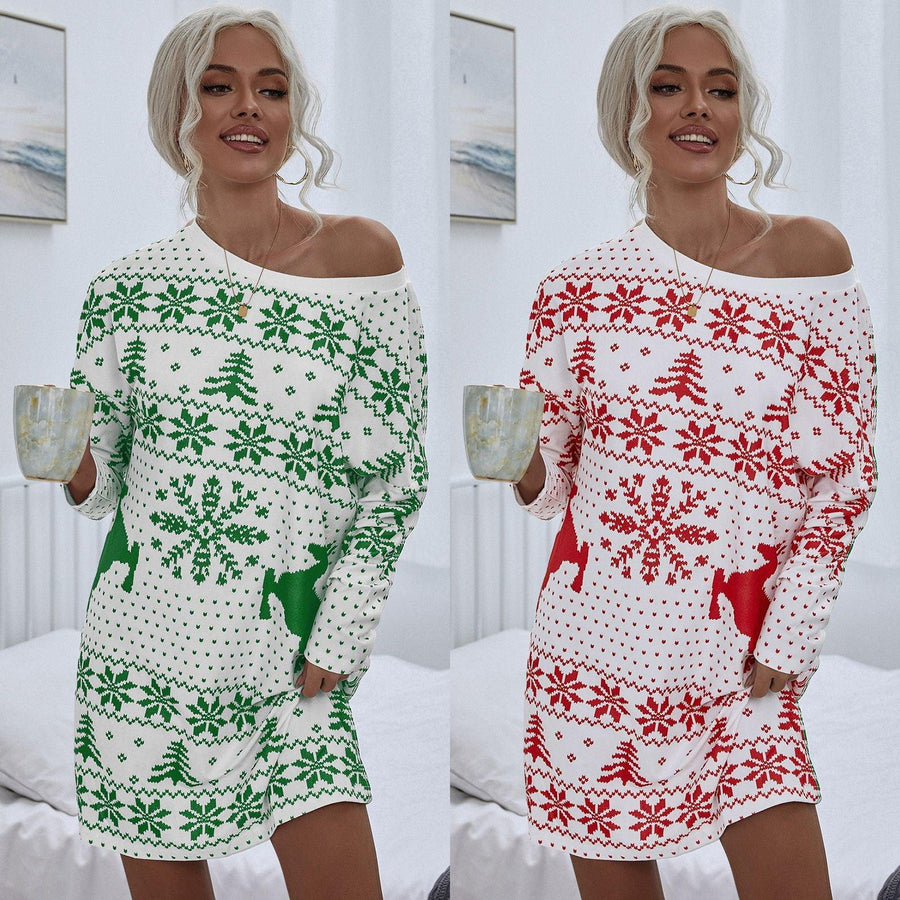 Fashionable Christmas Printed Knit Dress - MRSLM