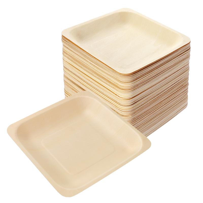 Square Shaped Disposable Wooden Plates 100 pcs Set