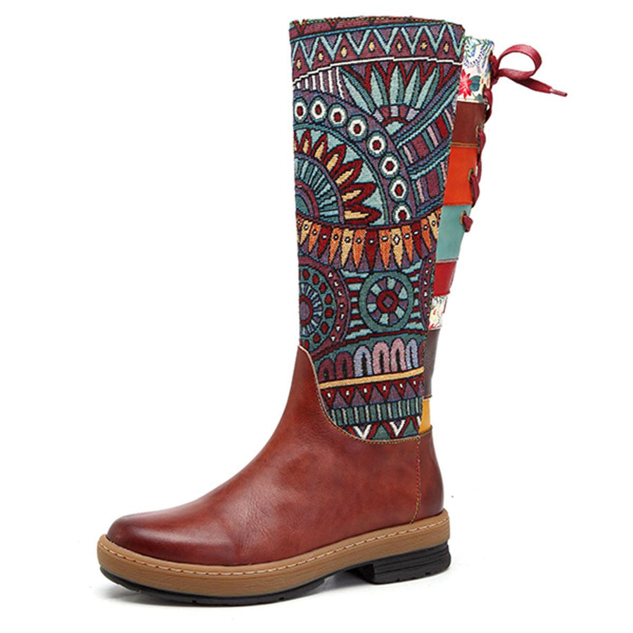 Vintage Mid-calf Boots Women Shoes Bohemian Retro Genuine Leather Motorcycle Boots Printed Side Zipper Back Lace Up Botas - MRSLM