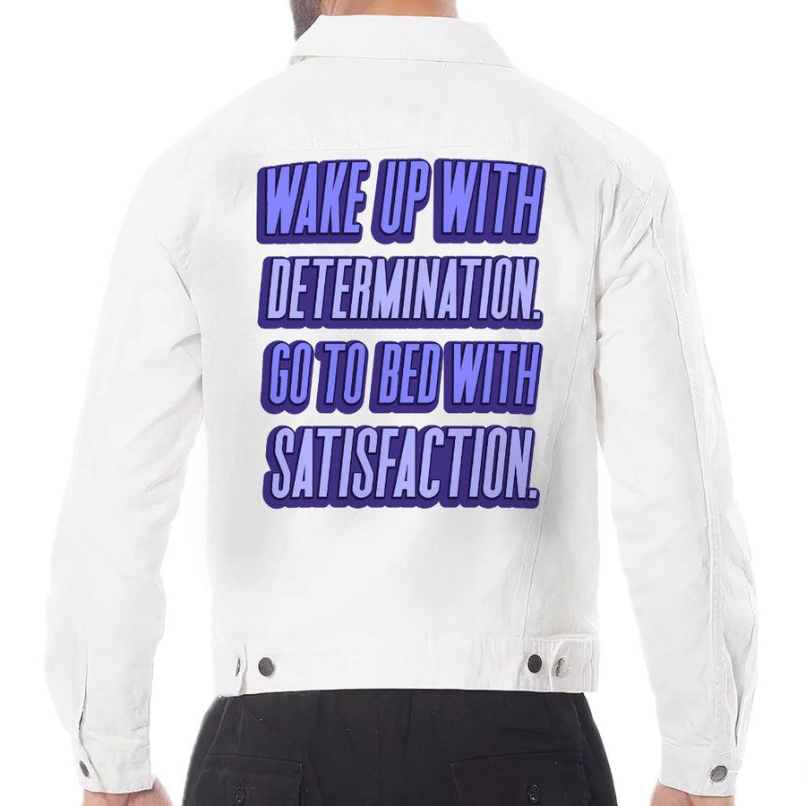 Wake Up With Determination Men's White Denim Jacket - Best Design Denim Jacket for Men - Printed Denim Jacket - MRSLM