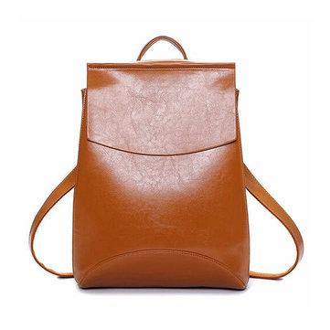 Women Oil PU Leather Simple Big Capacity Simple Backpack Shoulders Bag - MRSLM