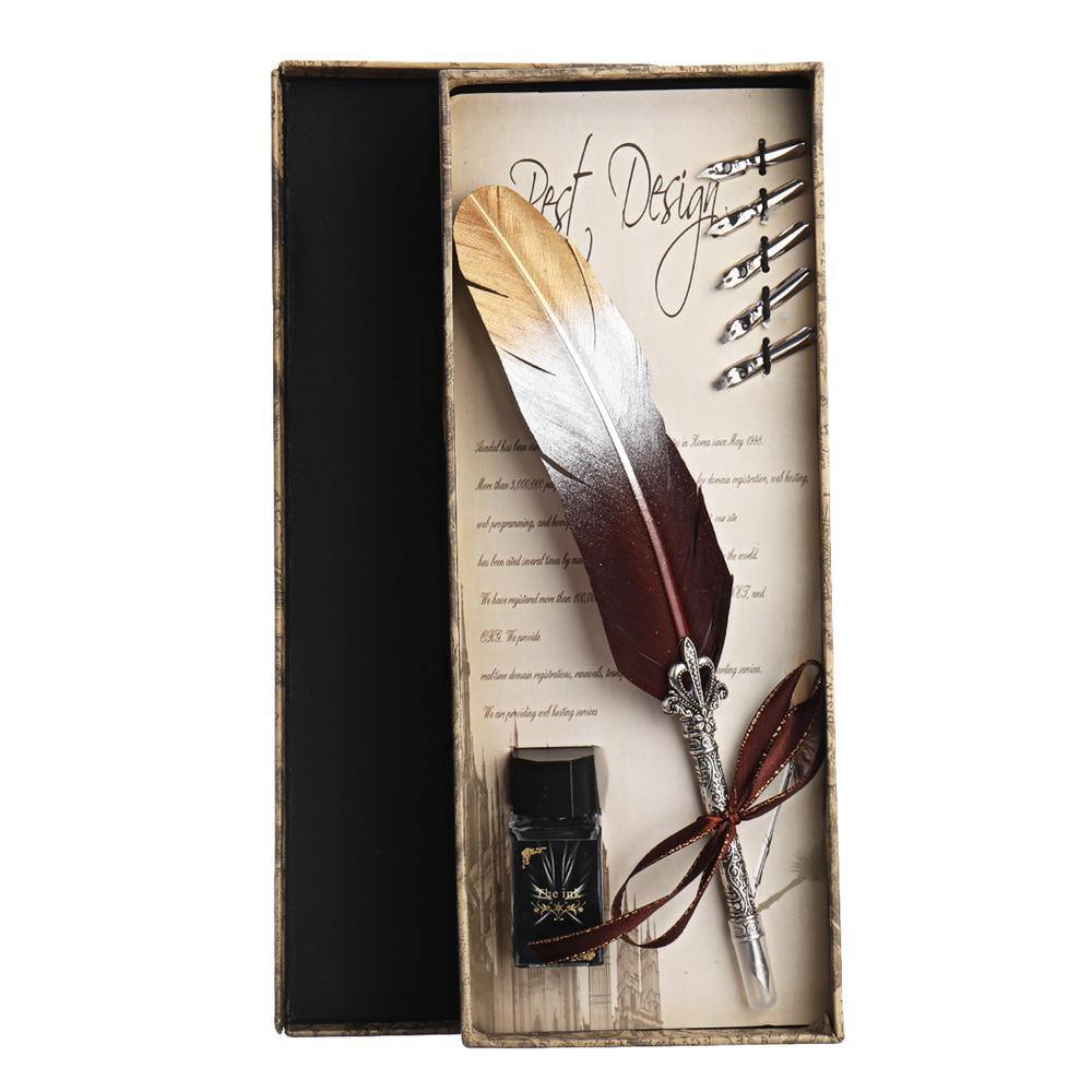 Vintage Feather Quill Dip Pen Set with 5Pcs Stainless Steel Nibs Writing Ink Set Perfect for Signning Handwriting School Office Stationery Gift Box - MRSLM