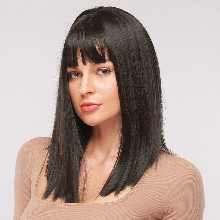 16 Inch Black Medium Length Straight Hair Natural Shawl Breathable Bangs Synthetic Wigs - MRSLM