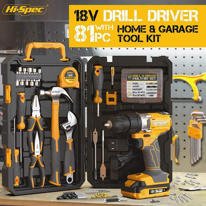 Hi-Spec 80 Piece 18V Drill Driver & Home Garage Tool Kit Set Complete DIY Repair with Electric Power Screwdriver & Drill for The Household Office & Workshop - MRSLM