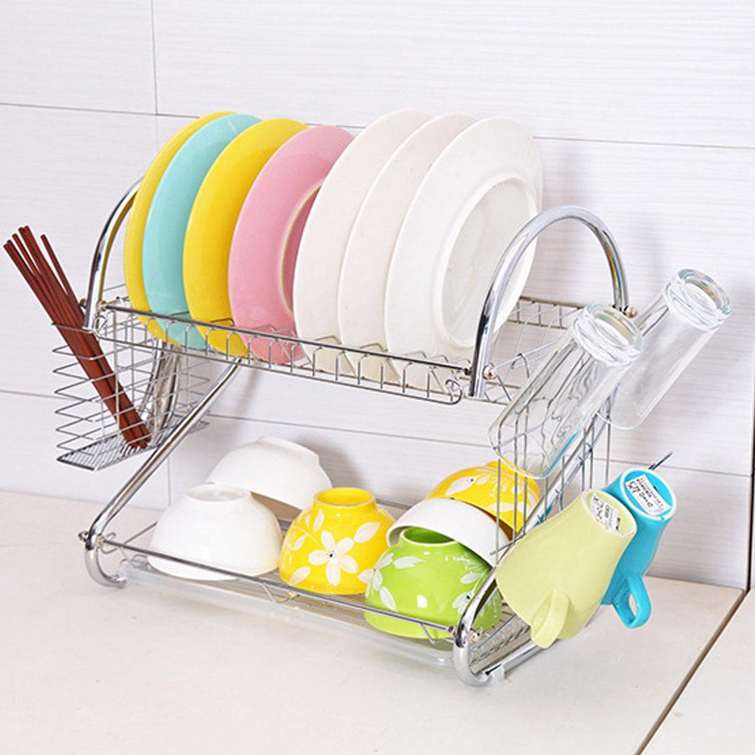 2 Layer 16 Inch Chrome Dish Rack Cup Drying Drainer Tray Cutlery Holder - MRSLM
