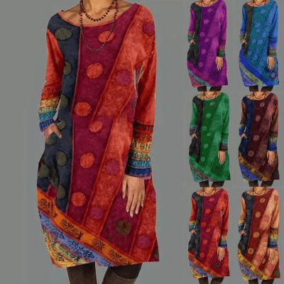 Ethnic Casual Loose Printed Dress Round Neck Long Sleeves - MRSLM