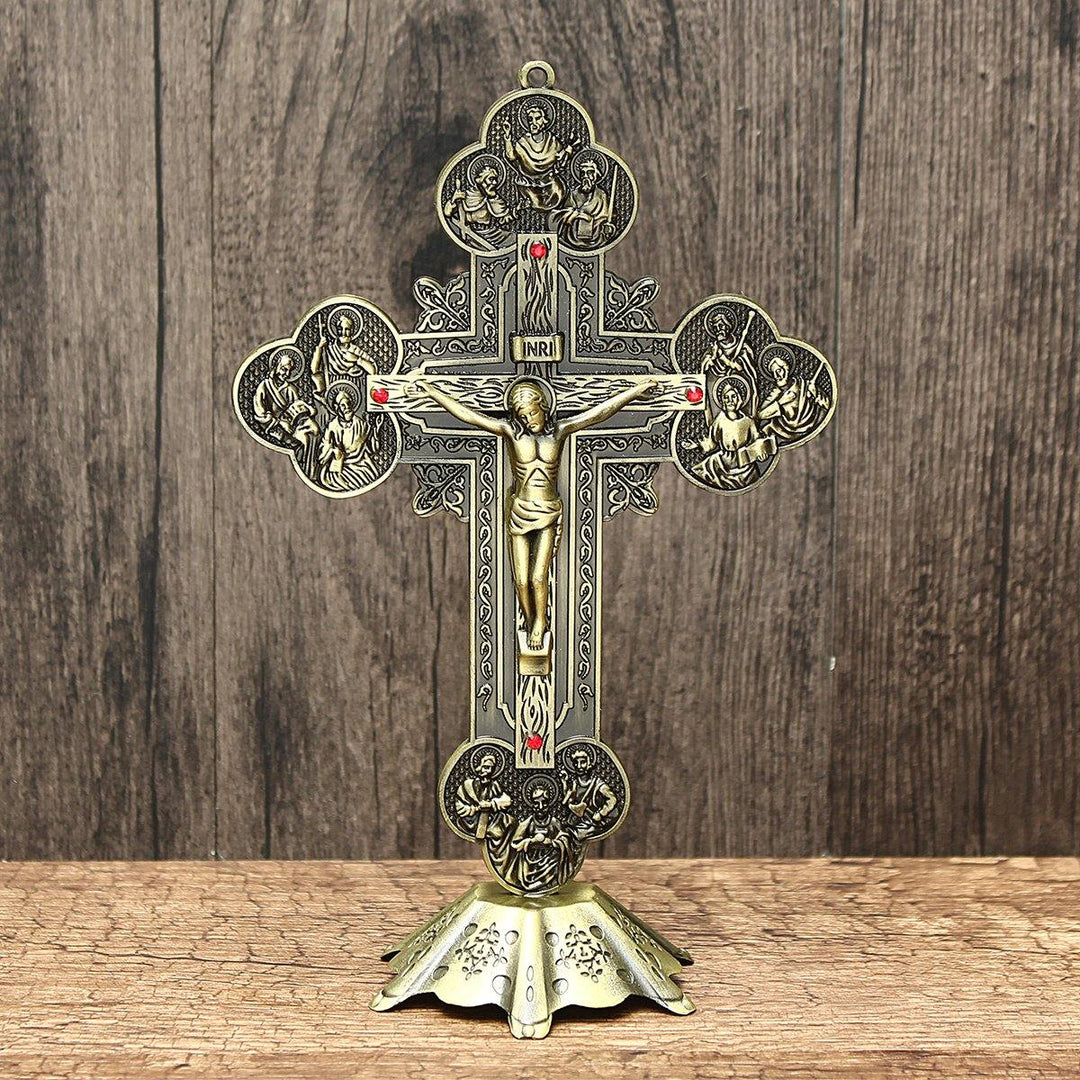 10" Antique Jesus INRI Catholic Altar Standing Religious Crucifix Cross Decorations with Base - MRSLM
